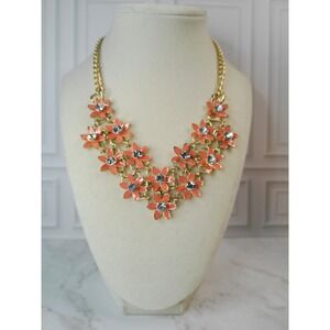 Gold Tone Coral Flower Crystal Statement Necklace Women